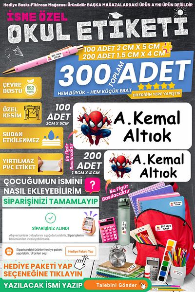 FİKİRCAN Fikircan-Name Customized School Sticker Set - Spider Child 300 Pieces - Odorless Ecological Ink Pvc Sticker