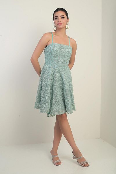 By Saygı Women's Rope Strap Lined Glitter Flock Printed Short Flared Dress
