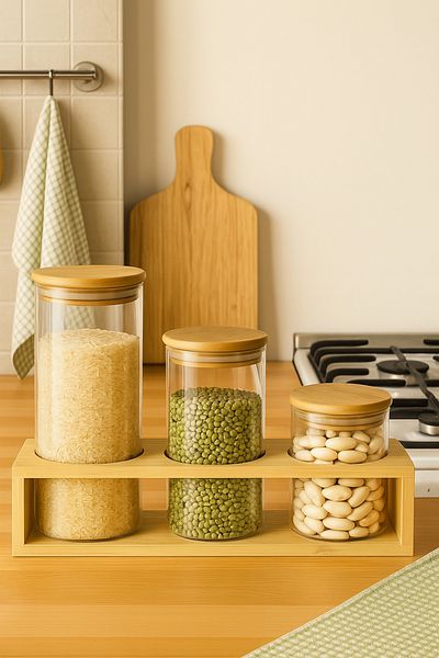 LUMİNA 7 Piece Bamboo Spice Rack Set – Add Naturalness to Your Kitchens with Glass and Bamboo Elegance!