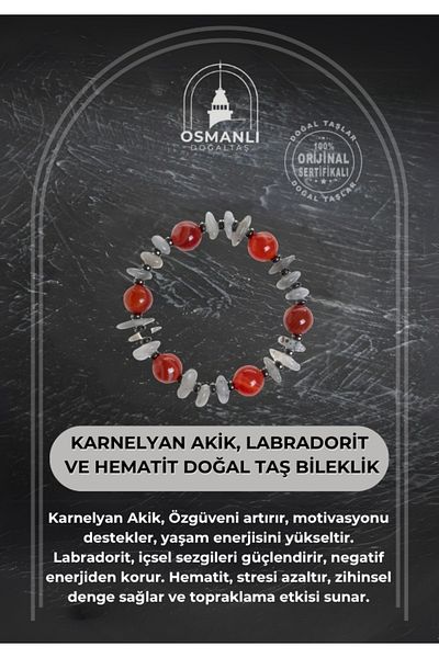 OSMANLI DOĞAL TAŞ Certified Carnelian Agate, Labradorite and Hematite Natural Stone Bracelet