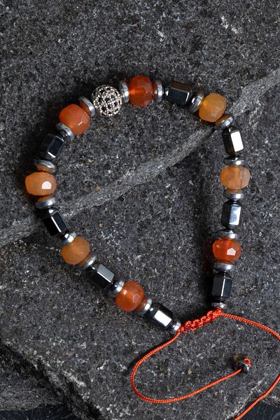 OSMANLI DOĞAL TAŞ Certified Orange Agate and Hematite Natural Stone Bracelet