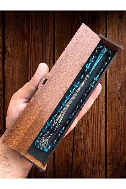 KANUNİ TESBİH مسبحة منقوشة باللون الأزرق البترولي مع صندوق خشبي وتصميم شرابة ...