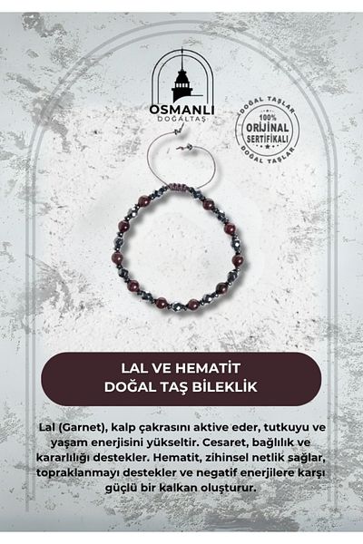 OSMANLI DOĞAL TAŞ Certified Garnet and Hematite Natural Stone Bracelet