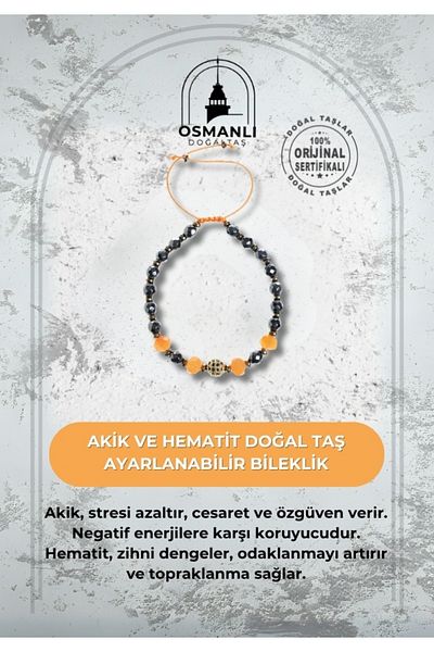 OSMANLI DOĞAL TAŞ Certified Agate and Hematite Natural Stone Adjustable Bracelet