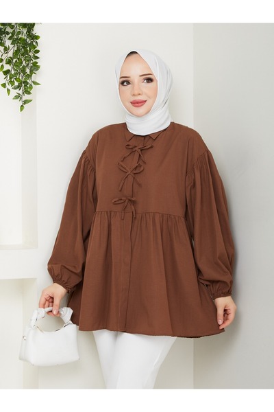 Güba Ticaret Terikoton Kumaş, Fiyonklu, Balon Kollu, Kadın Tesettür Gömlek