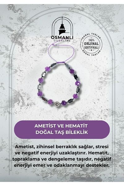 OSMANLI DOĞAL TAŞ Certified Amethyst and Hematite Natural Stone Bracelet