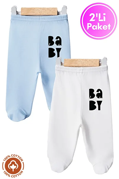 Miniel Unisex Baby Baby Printed Combed Organic Cotton 0-6 Months Baby Pants with Booties Single Bottom Set of 2