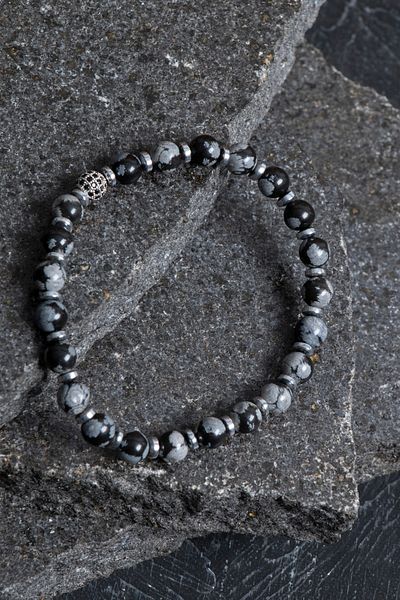 OSMANLI DOĞAL TAŞ Certified Snowflake Obsidian and Hematite Bracelet – Balance and Protection