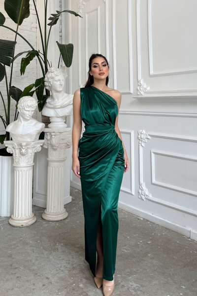 bella istanbul Fiona Tek Kol Drapeli  Saten Abiye