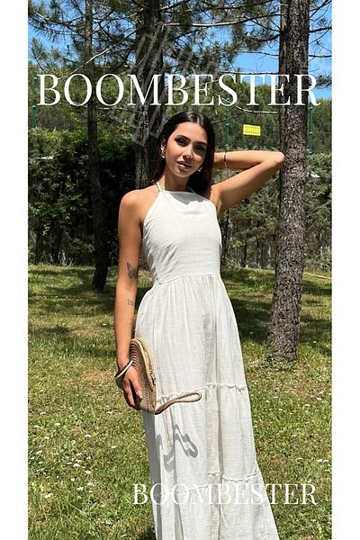 BoomBester Γυναικείο μάξι φόρεμα 100% λινό με δεμένο λαιμό με ανοιχτή μέση - Premium κομψότητα και άνετο καλοκαίρι