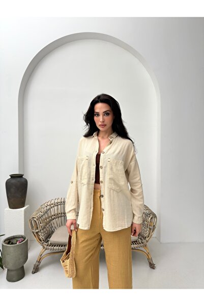 POP STORY Women's Wooden Buttoned Cotton Double Pocket Oversize Shirt