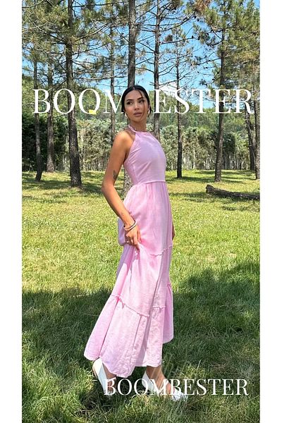 BoomBester Γυναικείο μάξι φόρεμα 100% λινό με δεμένο λαιμό με ανοιχτή μέση - Premium κομψότητα και άνετο καλοκαίρι