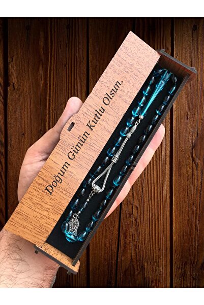 KANUNİ TESBİH سبحة منقوشة باللون الأزرق البترولي مع صندوق خشبي مزين بشراشيب م...