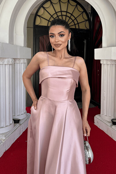 giyimmasalı Βραδινό φόρεμα με λουράκι από ύφασμα ταφτά σατέν - ΚΡΕΜ