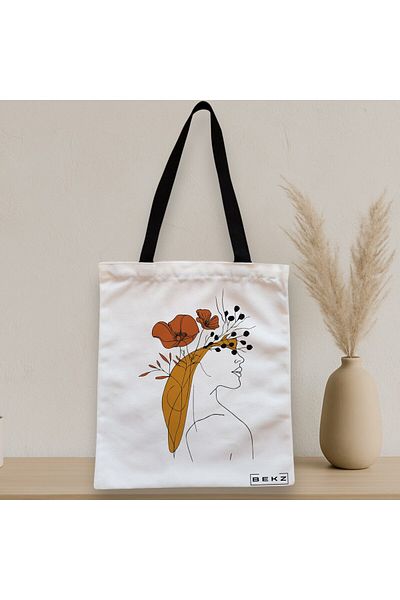 BEKZ Sacosa Textila Cu Fermoar, Geanta Tote, Flower Lady 20, 38x34.5 Cm, Alba, ®