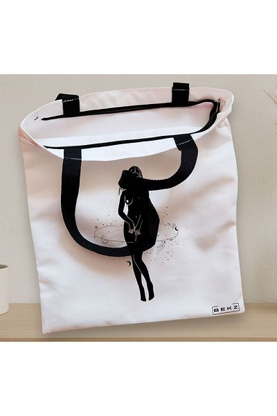 BEKZ Sacosa Textila Cu Fermoar, Geanta Tote, Model Silueta Feminina, 38x34.5 Cm, Alba, ®