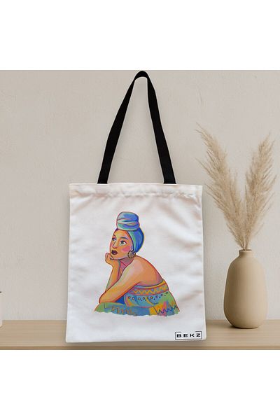 BEKZ Sacosa Textila Cu Fermoar, Geanta Tote, Model Portret Vibrant 2, 38x34.5 Cm, Alba, ®