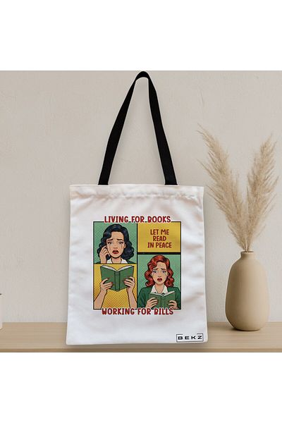 BEKZ Zippered Textile Bag, Tote Bag, Living For Books, Working For Pills Model 38 X 34.5 Cm, ​​White,