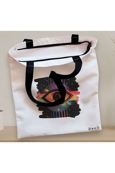 BEKZ Sacosa Textila Cu Fermoar, Geanta Tote, Model Celestial Eye 17, 38x34.5 Cm, Alba, ®