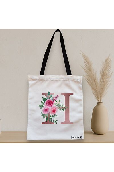 BEKZ Textile Bag With Zipper, Tote Bag, With Rose Gold Letter H And Roses, 38x34.5 Cm, ​​White, ®