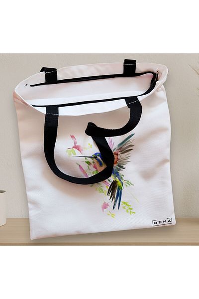 BEKZ Textile Bag With Zipper, Tote Bag, Watercolor Bird Pattern, 38x34.5 Cm, ​​White, ®