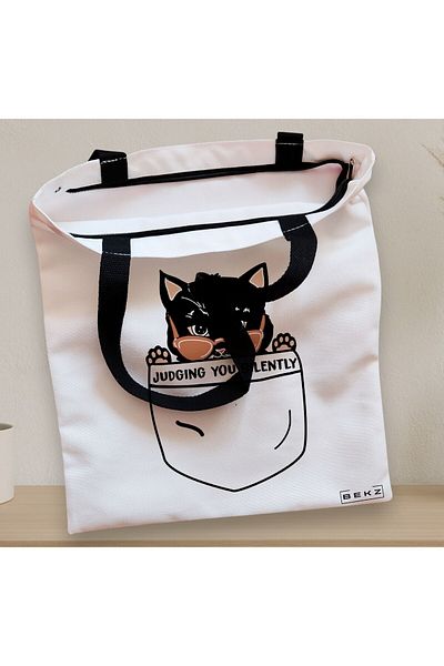 BEKZ Sacosa Textila Cu Fermoar, Geanta Tote, Model Judging You Silently, 38 X 34.5 Cm, Alb, ®