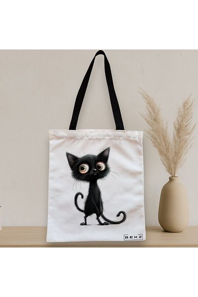 BEKZ Sacosa Textila Cu Fermoar, Geanta Tote, Model Meowgic Charm 38 X 34.5 Cm, Alb, ®
