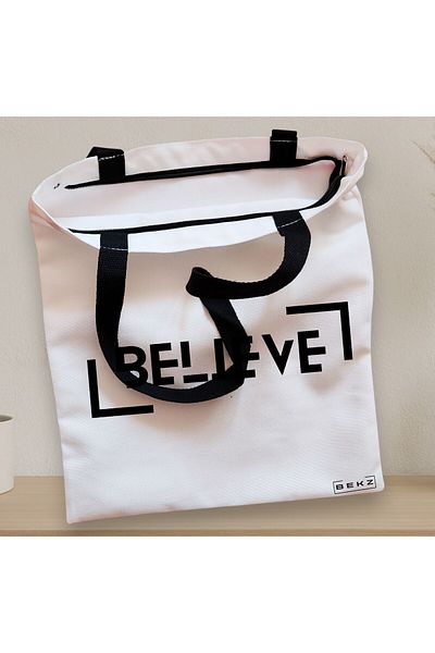 BEKZ Sacosa Textila Cu Fermoar, Geanta Tote, Model Believe, 38x34.5 Cm, Alba, ®