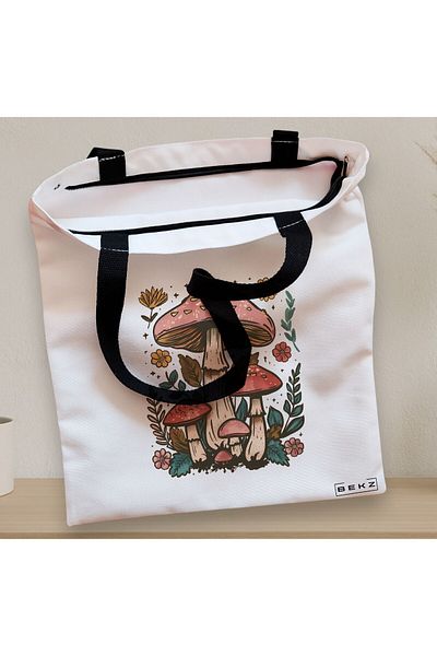 BEKZ Textile Bag With Zipper, Tote Bag Colorful Mushrooms 2, 38x34.5 Cm, ​​White, ®