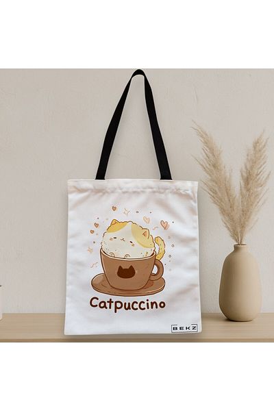 BEKZ Sacosa Textila Cu Fermoar, Geanta Tote, Model Catpuccino, 38 X 34.5 Cm, Alb, ®