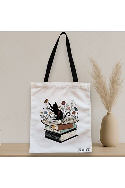 BEKZ Sacosa Textila Cu Fermoar, Geanta Tote, Model Black Cat And Books, 38 X 34.5 Cm, Alb, ®