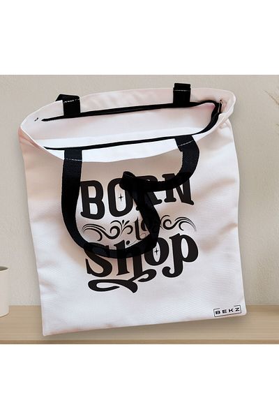 BEKZ Textile Bag With Zipper, Tote Bag, Born To Shop Model, 38x34.5 Cm, ​​White, ®