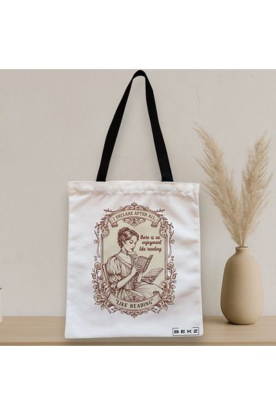 BEKZ Zippered Textile Bag, Tote Bag, There Is No Enjoyment Like Reading Model 38 X 34.5 Cm, ​​White,