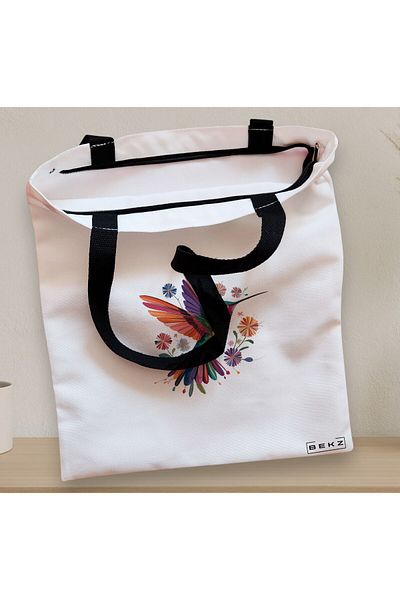 BEKZ Sacosa Textila Cu Fermoar, Geanta Tote, Model Multicolor Bird 38 X 34.5 Cm, Alb, ®