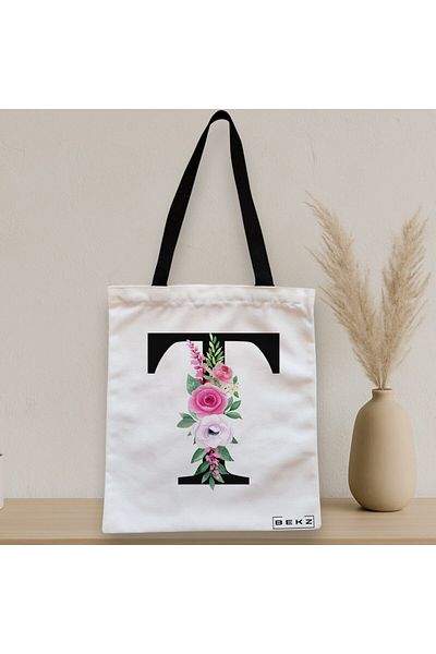 BEKZ Textile Bag With Zipper, Tote Bag, With Letter T And Roses, 38x34.5 Cm, ​​White, ®