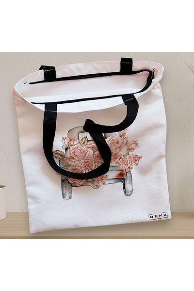 BEKZ Sacosa Textila Cu Fermoar, Geanta Tote, Model Pink Car, 38x34.5 Cm, Alba, ®