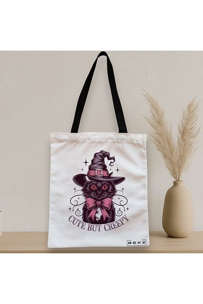 BEKZ Sacosa Textila Cu Fermoar, Geanta Tote, Model Cute But Creepy 38 X 34.5 Cm, Alb, ®