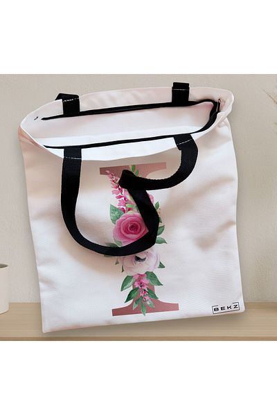 BEKZ Sacosa Textila Cu Fermoar, Geanta Tote, Cu Litera I Rose Gold Si Trandafiri, 38x34.5 Cm, Alba, ®