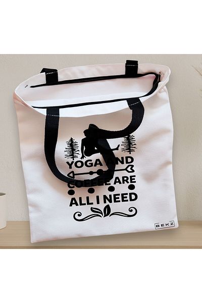 BEKZ Textile Bag With Zipper, Tote Bag Yoga And Coffee Are All I Need, 38x34.5 Cm, ​​White, ®
