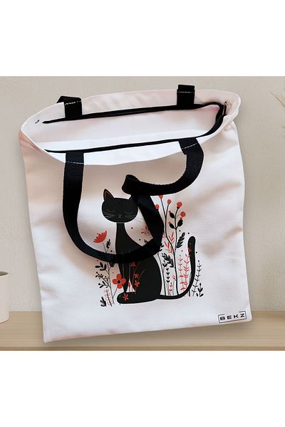 BEKZ Sacosa Textila Cu Fermoar, Geanta Tote, Model Cat And Flowers 11, 38 X 34.5 Cm, Alb, ®