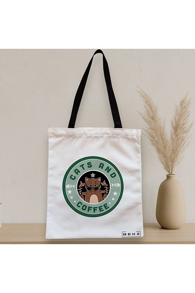 BEKZ Textile Bag With Zipper, Tote Bag, Cats And Coffee Model, 38 X 34.5 Cm, ​​White, ®