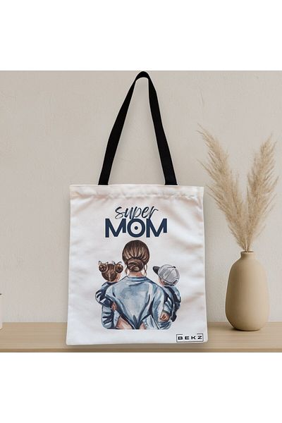 BEKZ Textile Bag With Zipper, Tote Bag, Super Mom Model, 38x34.5 Cm, ​​White, ®