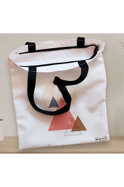BEKZ Sacosa Textila Cu Fermoar, Geanta Tote, Model Triangles, 38x34.5 Cm, Alba, ®