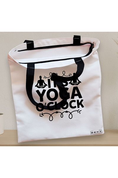 BEKZ Sacosa Textila Cu Fermoar, Geanta Tote Yoga It's Yoga O'clock, 38x34.5 Cm, Alba, ®