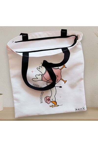 BEKZ Sacosa Textila Cu Fermoar, Geanta Tote, Model Silly Goose 5, 38 X 34.5 Cm, Alb, ®