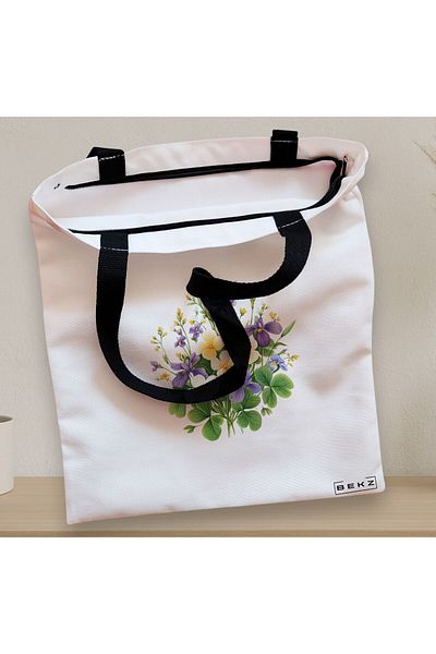 BEKZ Sacosa Textila Cu Fermoar, Geanta Tote, Model Flowers 19 38 X 34.5 Cm, Alb, ®