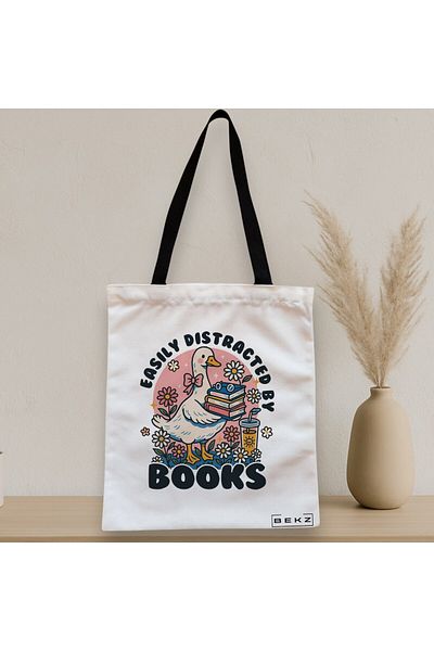 BEKZ Zippered Textile Bag, Tote Bag, Easily Distracted By Books Model, 38 X 34.5 Cm, ​​White, ®