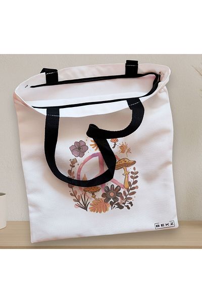 BEKZ Sacosa Textila Cu Fermoar, Geanta Tote Colorful Mushrooms 9, 38x34.5 Cm, Alba, ®