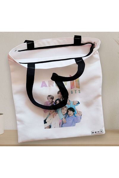 BEKZ Sacosa Textila Cu Fermoar, Geanta Tote, Model Bts Army 7, 38x34.5 Cm, Alba, ®