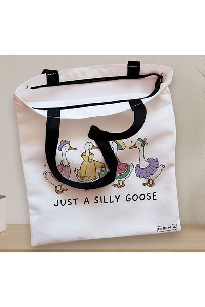 BEKZ Sacosa Textila Cu Fermoar, Geanta Tote, Model Just A Silly Goose 1 38 X 34.5 Cm, Alb, ®